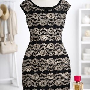 Elegant Black Gold Lace Evening Party Dress Formal Wedding Guest Size 8